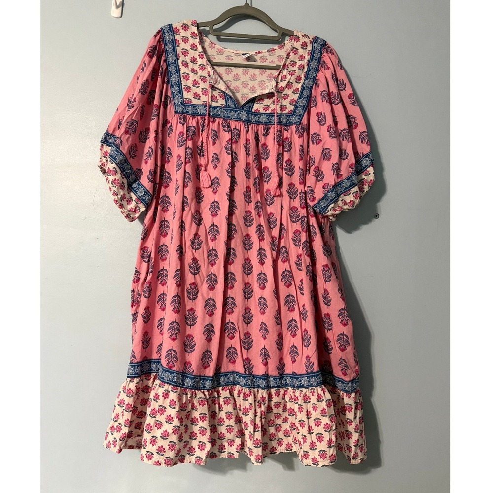 Old Navy 3X Pink Floral Block Print Boho Tassel Mini Dress Short Sleeve 2330